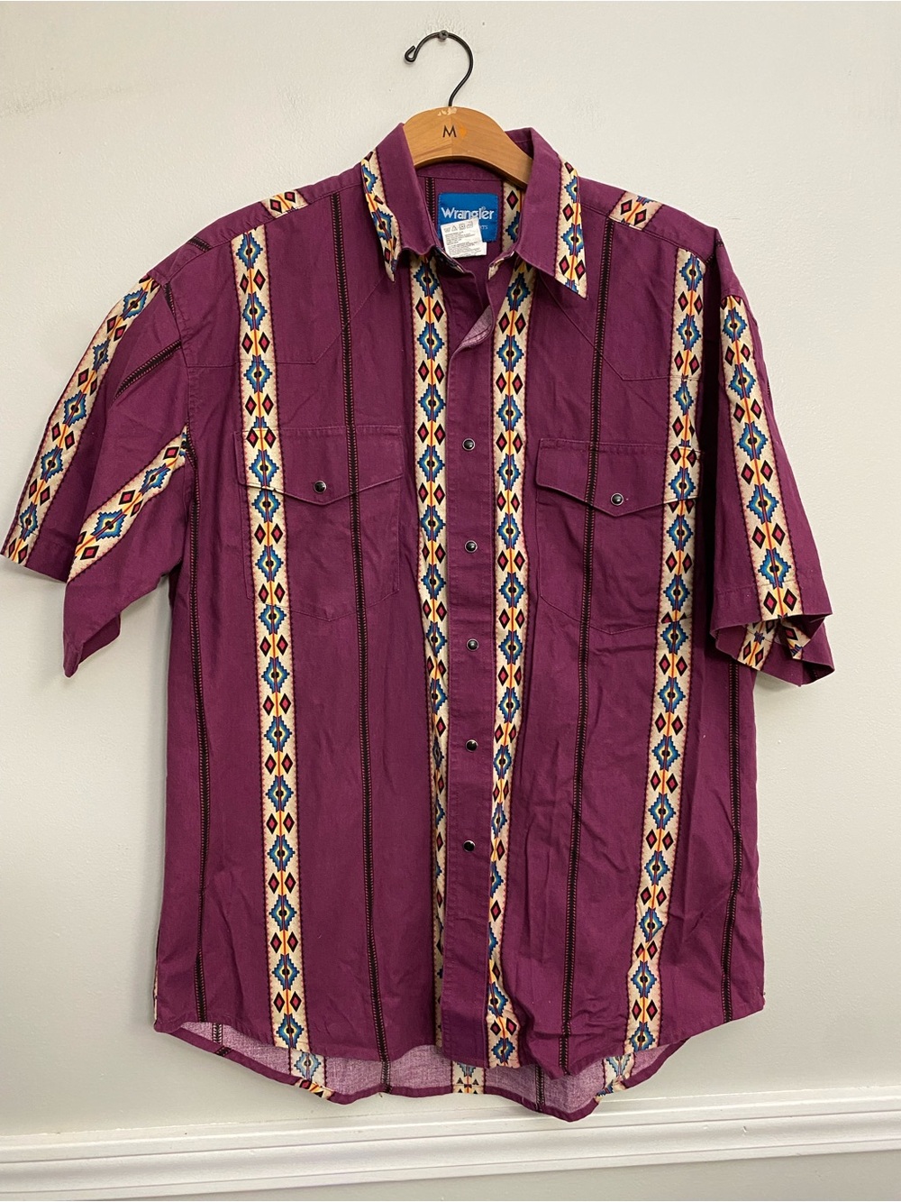 Vintage Wrangler Western Pearl Snap Short Sleeve Purple Aztec - L